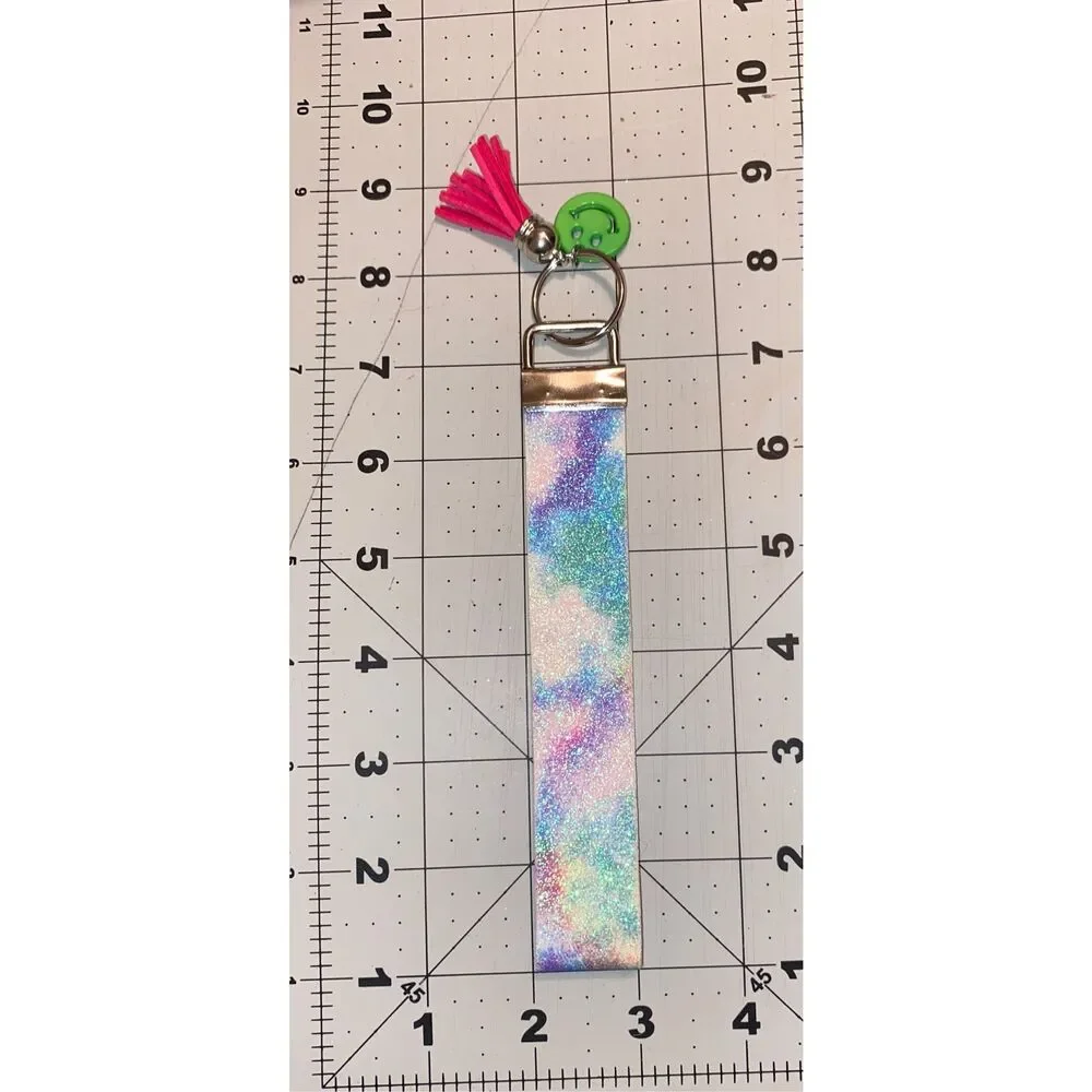 ☀️3/$9☀️ Tye Dye and Glitter Keychain Wristlet w/ Smiley Face Charm and Tassel